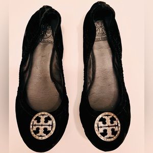 TORY BURCH BLACK VELVET MINNIE TRAVEL BALLET PAVE CRYSTAL ACCENTS 7M EUC!